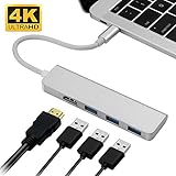 USB-C Hub, Type-C Adapter To HDMI,3 USB 3.0, Portable Aluminum USB C Dongle For MacBook Pro 2018/2017/2016 Chromebook Pixel, DELL XPS13 (Silver)