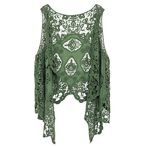 jastie Open Stitch Cardigan Boho Hippie Crochet Vest (ArmyGreen) - Thumbnail 7
