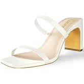 Leevar Square Toe Heels Sandals - White Black Nude Heels Chunky Two Strap Low Heels for Women Leather Mule Sandals Slip On Block Heels for Party Dating Daily Standard Size 2.75 Inch