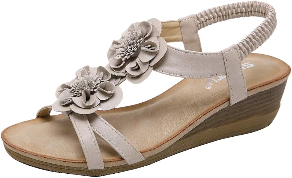 SK Studio Women's Ankle Strap Bohemian Flower Wedge Sandals Summer