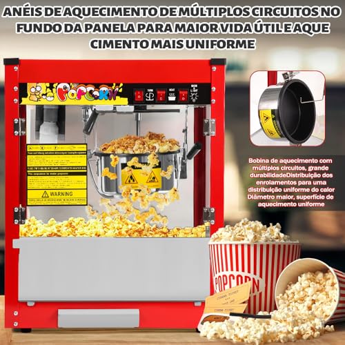 Máquina de Pipoca, 8oz Pipoqueira Eletrica 110v, 1400w, Pipoqueira Inox, Vermelho, Capacidade Extra Grande, Comporta Até 13 Xícaras de Pipoca de 32 oz