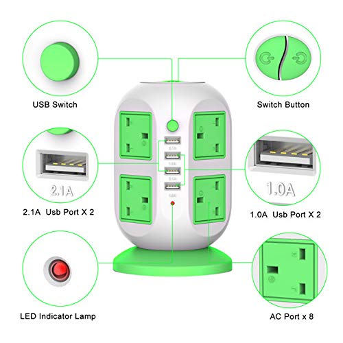 USB Power Strip LECTCAFE Surge Protector Tower Power Socket Outlets, Vertical Multi-Socket with 8 Outlets and 4 USB Ports Universal Charging Station for Home and Office（Green)