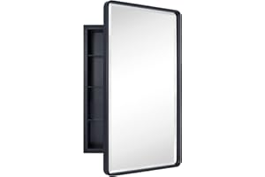 TEHOME Farmhouse Black Metal Framed Recessed Bathroom Medicine Cabinets with Mirror Rounded Rectangle Medicine Cabinet with BeveledMirros,16.5x27.5''