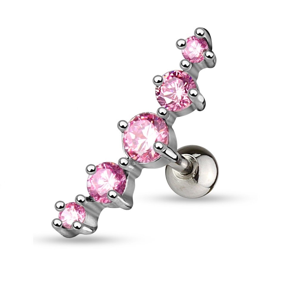PiercedOff 316L Surgical Steel Cartilage Barbell with 5 Pink CZ Gems Journey Curve - Thickness 16GA (1.2mm) / Length 6mm / Ball Size 4mm / Journey Curve 5mm x 17.5mm