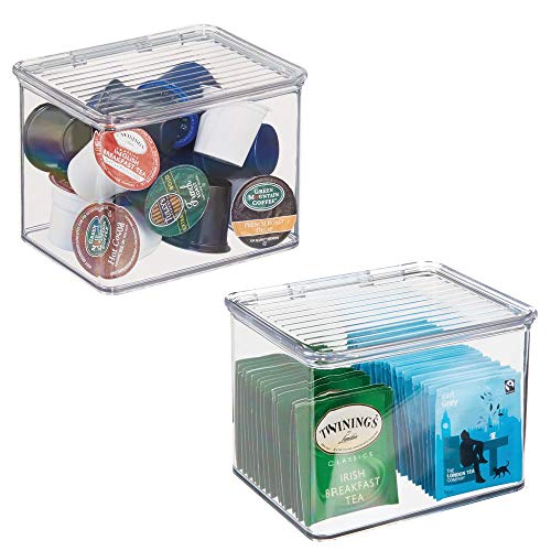 mDesign Plastic Stackable Kitchen Pantry Cabinet or Refrigerator Food Storage Container Bin, Attached Hinged Lid - Organizer for Snacks, Produce, Pasta - BPA Free - Deep Container - 2 Pack - Clear