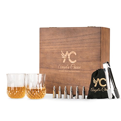 Whiskey Stones Gift Set Bullet Edition - 6 Large Bullet-Shaped Chillers + 2 Crystal Glasses in Handmade Wooden Box – The Superior Choice in Bar Accessories by ANGEL'S CHOICE