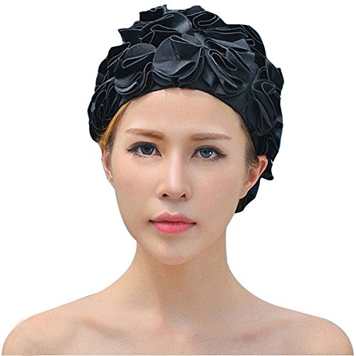 Women Flower Petal Swim Caps Vintage Swimwear Retro Bathing Cap Long Hair Swimming Hat Black - Thumbnail 3