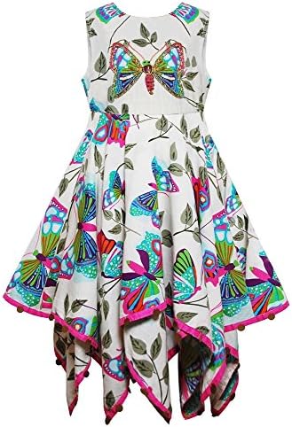 Girls Domino Butterfly Sleeveless Lined Summer Assymetric Cotton Dress with Sequin Trim (Size 3-11 Years)
