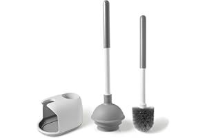 Eyliden Toilet Plunger & Brush Set, Upgrade 3-Step Suction Cup - Ultra-Tight Seal, Durable, Space-Saving Toilet Deep Cleaning Combo with Holder, Bathroom Essentials (1 Pack, White & Grey)