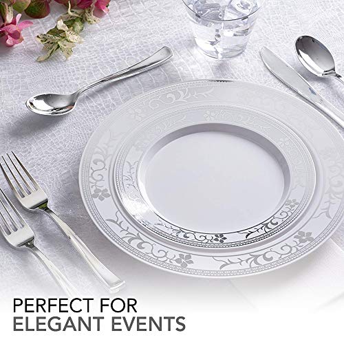 125 Piece Plastic Dinner Set Silver Floral Plastic Dinner Plates, Salad Plates, and Cutlery