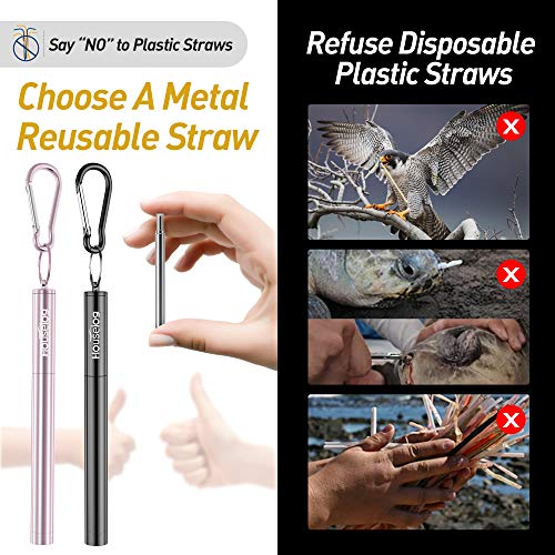 Reusable Straws - 2 Pack Telescopic Straws Stainless Steel Metal Drinking Straw (Black/Rose Gold)