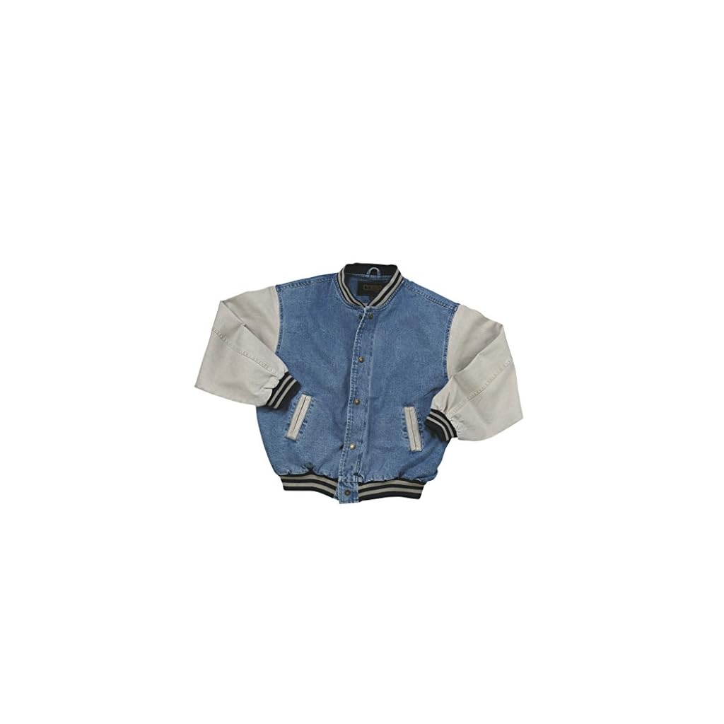 Vintage Denim Varsity Jacket with Khaki Sleeves www.denim.fit