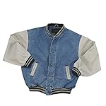 Vintage Denim Varsity Jacket with Khaki Sleeves www.denim.fit