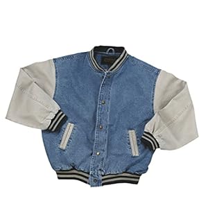 Vintage Denim Varsity Jacket with Khaki Sleeves www.denim.fit