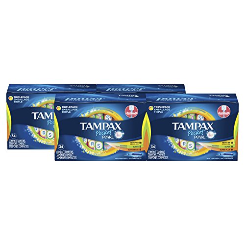Tampax Pocket Pearl Triplepack (Regular/Super/Super Plus) Plastic Tampons, Unscented, 34 Count, 4 Boxes, (Total 136 Count)