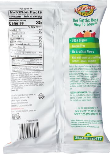 EARTH’S BEST ORGANIC VEGGIE PUFFS FOR TODDLERS 2 YEARS OLD AND UP, CHEDDAR FLAVOR, 1.55 OUNCE BAG