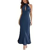 Satin Cutout Halter Neck Midi Dress Silk Sexy Sleeveless Backless Empire Waist Formal Dresses for Wedding Guest