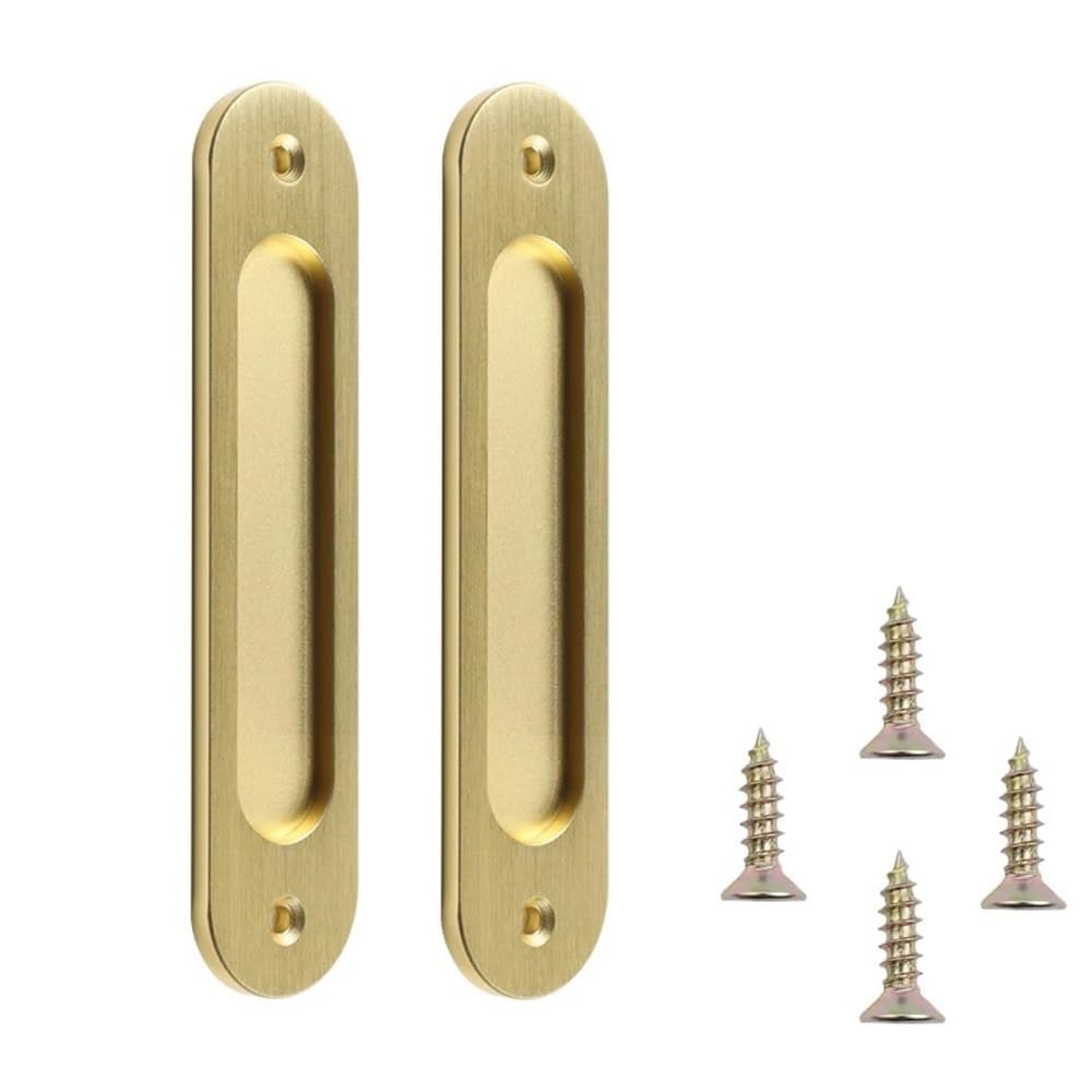 MiJunHD Recessed Sliding Door Pull, 2Pcs Oval Brushed Gold 180 * 40mm Solid Aluminum Alloy Flat Bottom Handle Finger Pull with Screws for Sliding Barn Door,Closet,Cabinet,Windows
