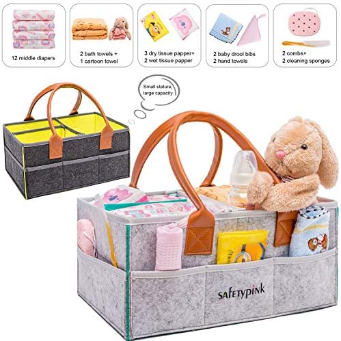 Baby Diaper Caddy Organizer - Portable Large Diaper Caddy Tote - Car Travel Bag - Nursery Diaper Caddy Storage Bin - Gray Felt Basket Infant Girl Boy – Gift for Kids