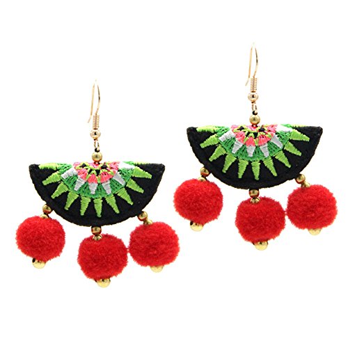 Bohemian Earrings Ethnic Colorful Embroidered Red Hairball Dangle Earrings Eardrop