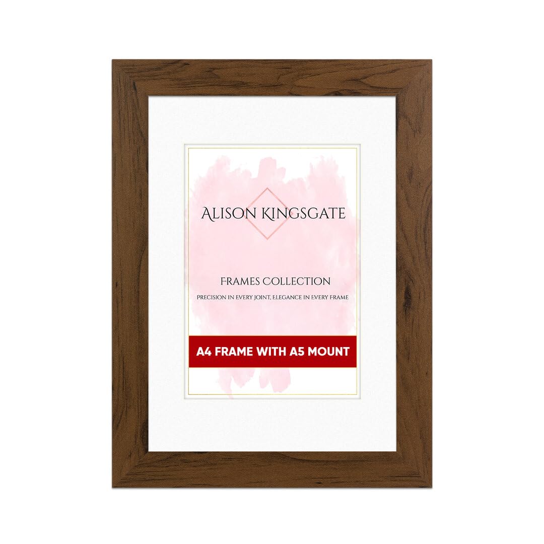 Alison Kingsgate A4 Walnut Picture Frame with A5 Mount - Engineered Wood Photo Frame with Precision Cut Cardboard Mount - Ideal for Posters -Sizes & Colours Available