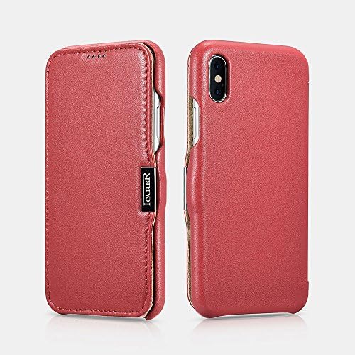 iPhone X Leather Case, NIUJNEGenuine Vintage Leather Side Open Case in Slim Thin Design, Flip Folio Style Cover with Magnetic Closure for Apple iPhone X (Red)
