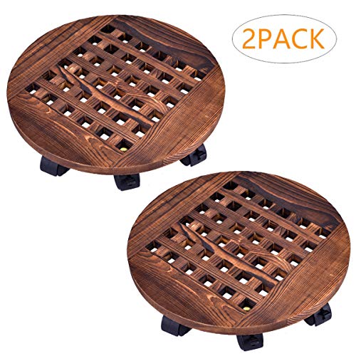 GeBot 14″ Inch Rolling Wooden Planter Caddy Potted Plant Stand with Wheels Round Flower Pot Rack Indoor Outdoor Planter Trolley with 360° Rotating Casters Rolling Tray Coaster Garden Pot Dolly