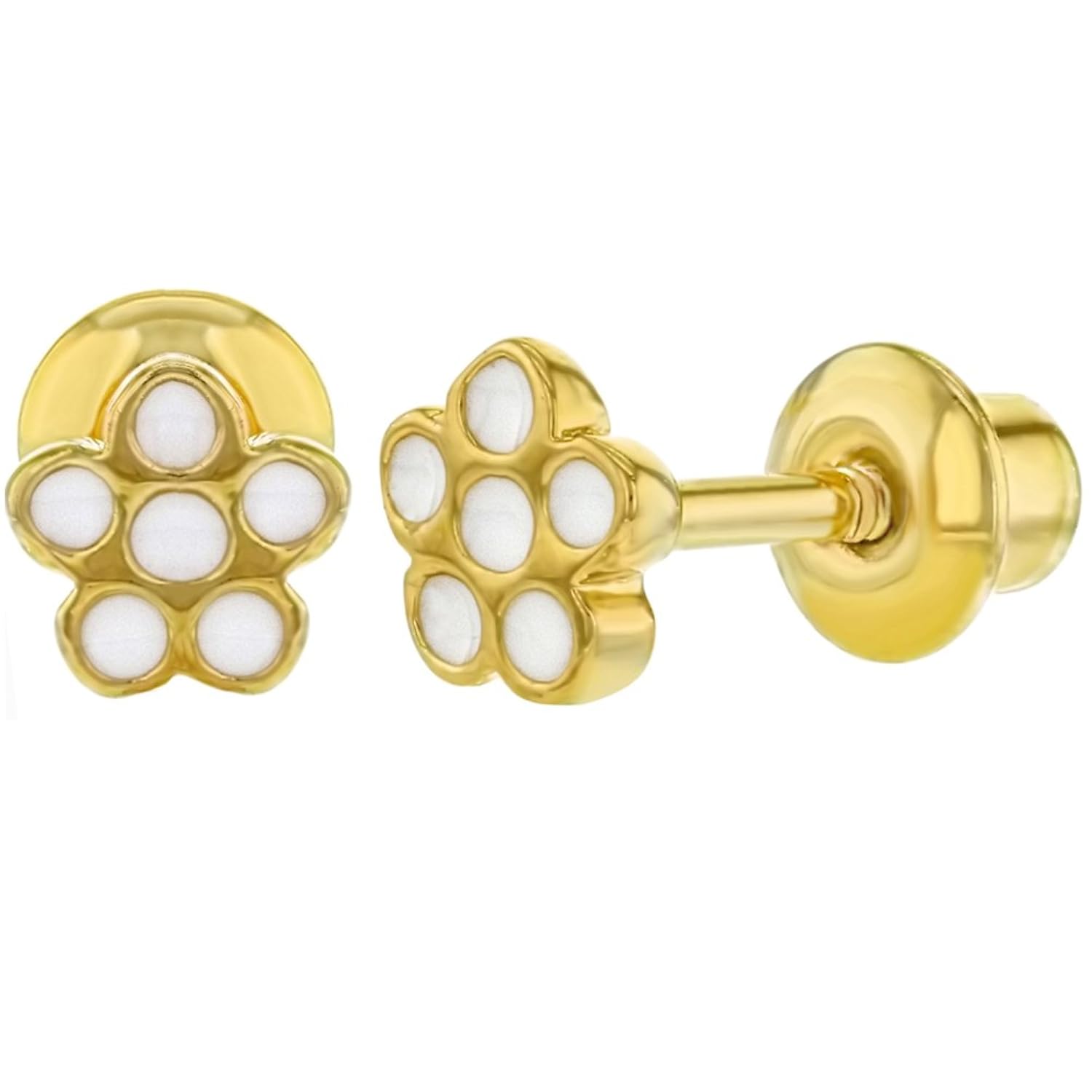  K chapado oro blanco esmalte Little Flower Screw Back pendientes niños niñas