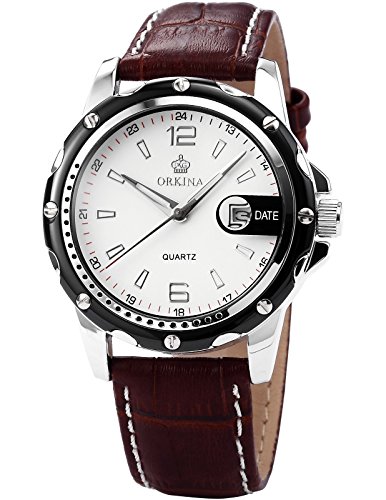 Orkina Mens White Dial Coffee Leather Date Sport Quartz Wrist Watch Gift ORK052