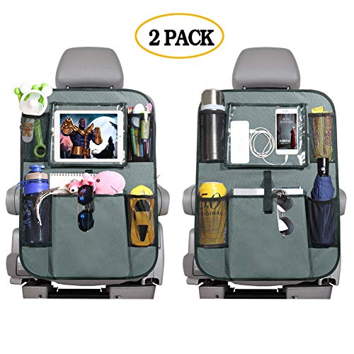 Car Backseat Organizer with 10'' iPad Tablet Holder + 5 Storage Pockets for Bottle Toys Book Drink, Auto Seat Back Protector Kick Mats, Universal Fit Travel Accessories for Kids & Toddlers Gray 2 Pack