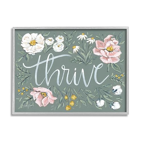 Stupell Industries Thrive Floral Border Gray Framed Giclee Art Design by Sara B…