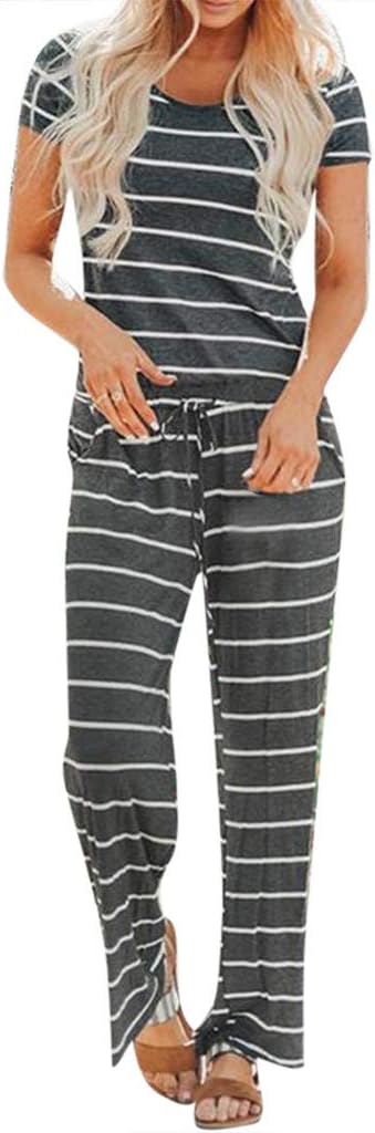 Juesi Women's Jumpsuit, Summer Casual Stripes Drawstring Playsuit Wide Leg Long Romper