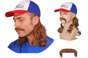 FantaLook Red White and Blue Mullet Brown Wig with Mustache for Men 4th of July