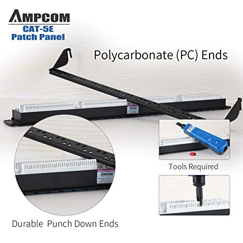 AMPCOM Supreme Series CAT5/5e Patch Panel,50μ Gold Plated,1U 24-Port Rackmount or Wallmount Punch Down Patch Panel,Cable Management Panel,Label Board,RJ45,568A 568B