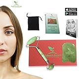 Jade Roller Therapy and Gua Sha Scraping Tool Set, 100% Natural Jade Facial Roller, Double Neck Healing Slimming Massager for Relaxing, Rejuvenates Skin and Smooths Wrinkles, Ideal Gift Idea