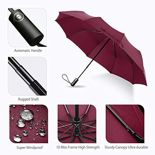 Bodyguard Travel Umbrella, 10 Ribs Finest Windproof Umbrella with Teflon Coating, Auto Open Close and Upgraded Comfort Handle - Gift Leather Cover (Red)