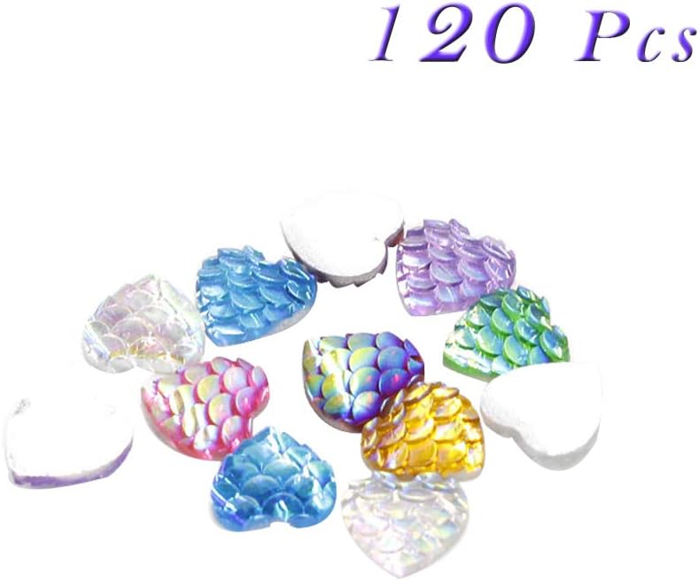 Sparkly Mermaid Scales Cabochons Resin Shining Fish Skin Beads Arts Craft Jewelry Supply, Heart Flat Back, 12mm, 120Pcs (Mixed Color)