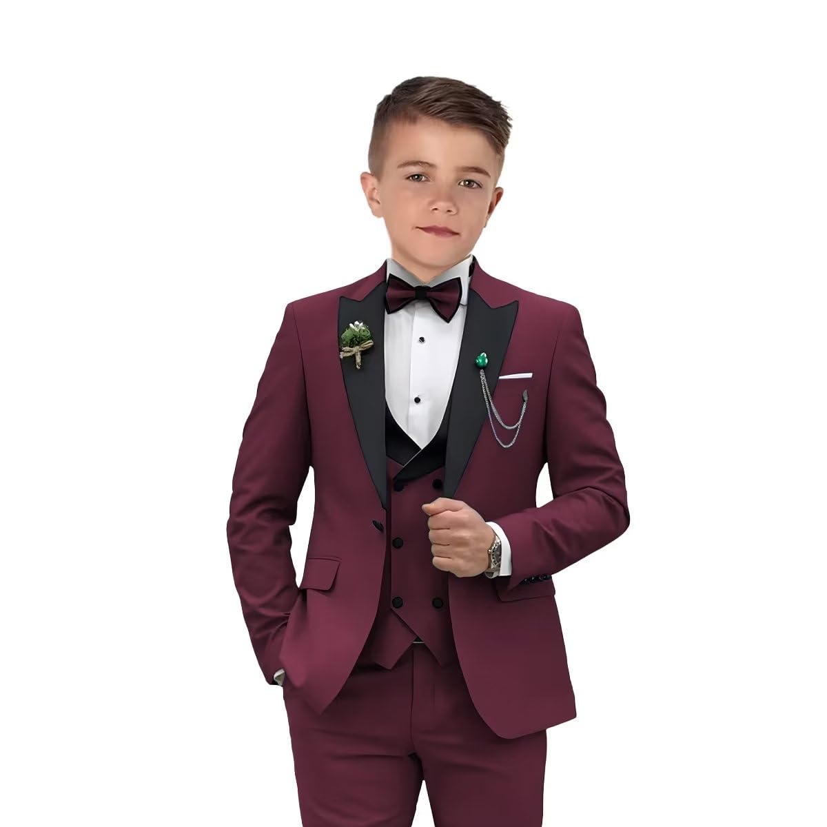 Photo 1 of Boys Suits 3 Piece Formal Solid Slim Fit Suit Peak Lapel Blazer Pants Vest Boys Suit Double Breasted Kids Tuxedo Burgundy SIZE 14
