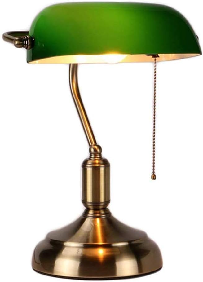 Bankers Desk Lamp Retro Bedroom Bedside Lamp Dual Control Switch Rotatable White Jade Glass Lampshade Black Metal Base Vintage Banker Table Lamp E27