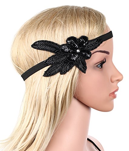 BABEYOND Women's Applique Headband 1920 Headpiece Flapper Headpiece 1920s Gatsby Headbands Flapper Headband Black