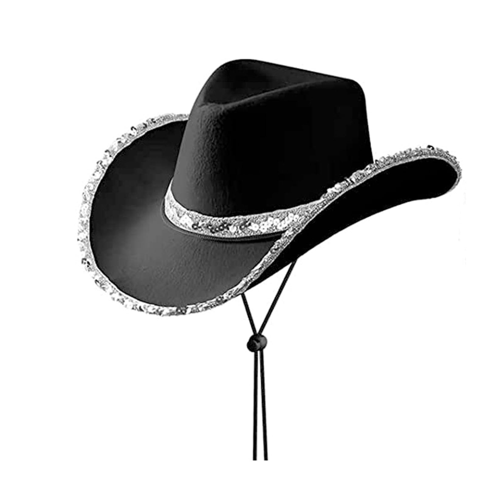 AYNKH Black Cowboy Hat with Silver Sequin Trim, Halloween Costume Cowgirl Cap for Women, Western Headwear, Disco Dress, for Halloween, Carnival, Role Play Party, Cosplay, Festivals, Concerts