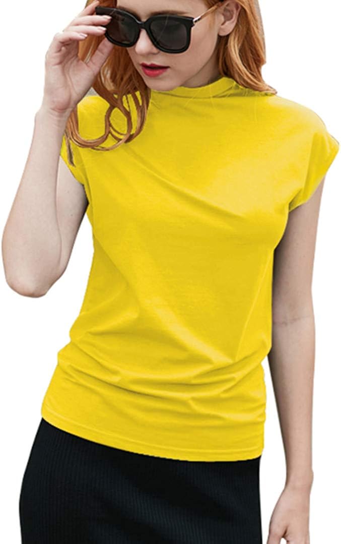 Women's Mock Neck Tops Cap Sleeve Solid T Shirt Stretchy Cotton Shirt