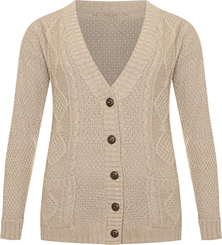 WearAll Women's Cable Knitted Button Cardigan Ladies Long Sleeve Boyfriend Top - Stone - US 4-6 (UK 8-10)