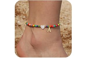 Honsny Ankle Bracelets for Women Initial Anklets Waterproof Boho Beaded Dainty Ankle Bracelets for Teen Letter Heart Handmade Adjustable Foot Chain Anklet Summer Vacation Colorful Jewelry Gift