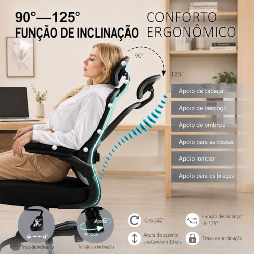 Cadeira Escritório Ergonômica Ajustável Altura Apoio Lombar Reclinável Encosto Respirável Conforto Postura Home Office Giratória Rodas Silenciosas Base Reforçada Regulagem Braços Profissional