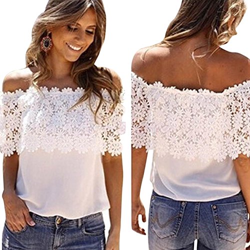 Gillberry 2017 Women Off Shoulder Casual Tops Blouse Lace Crochet Chiffon Shirt (XL, White)