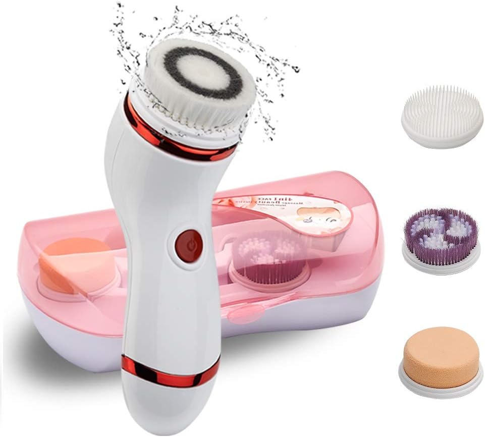 Facial Cleansing Brush, Electric Waterproof Skin Face Body Rotating Cleanser Brush Portable Travel Case Deep Pore Cleansing Gentle Exfoliating&Remove Blackhead Acne with 4 Heads Washable Chrome Red