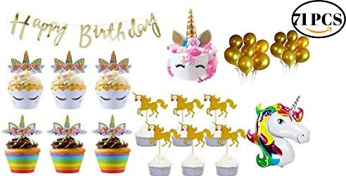 Unicorn Party Supplies 71Pcs- Unicorn Cupcake Topper Wrapper & Unicorn Horn Cake Topper Set - Unicorn Party Decorations -Unicorn Birthday Party Supplies For Girls with Balloons & Happy Birthday Banner
