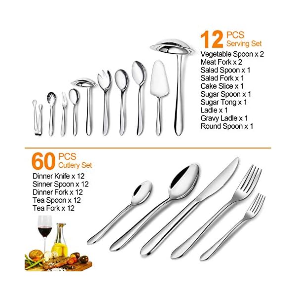 72-Piece Cutlery Set with Serving Utensils, Elegant Life Stainless Steel Flatware Silverware Set for 12, Tableware Eating Utensils, Dishwasher Safe