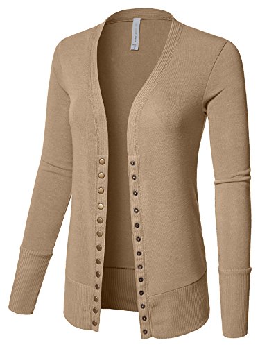 Luna Flower Women's V-Neck Snap Button Cardigan Sweater with Rib Detail Heather_Beige X-Large(GCDW027)
